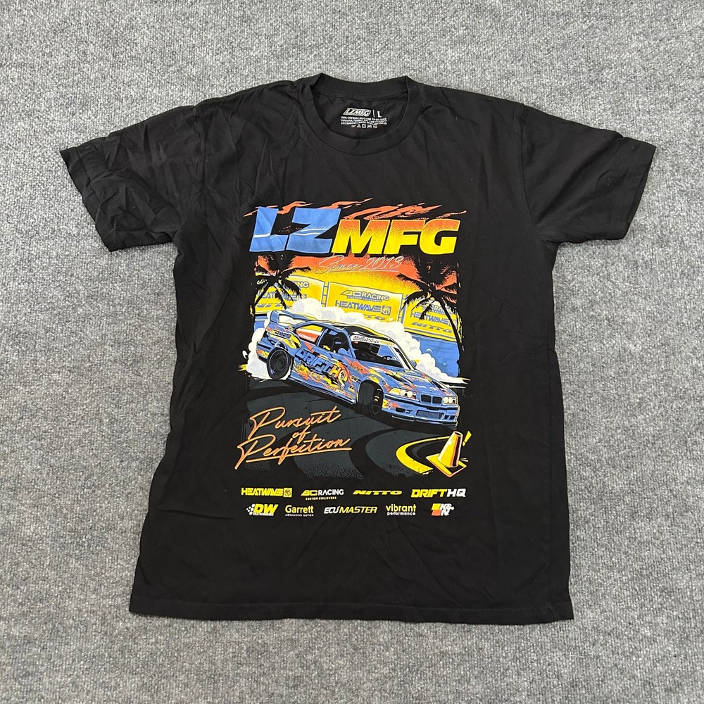 LZMFG T-Shirt Mens Size L Black Drift Car Graphic Pursuit of Perfection Cotton